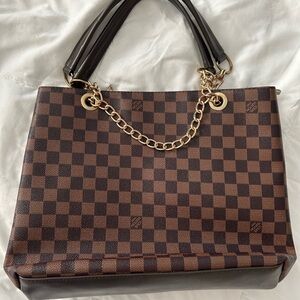 LV Brown Checkered Shoulder Bag with Gold Chain